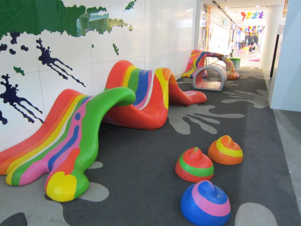 abstract paint sculptures in kids play area