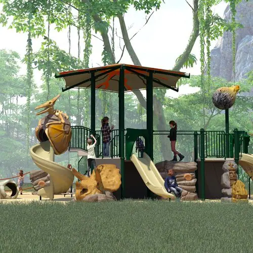 outdoor dinosaur sculpture in play area